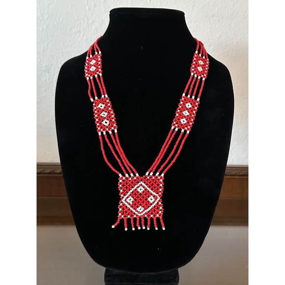 Native American 4 Strand Red Seed Art Beadwork Necklace Fringe Seed Beads 14'' - Picture 3 of 8